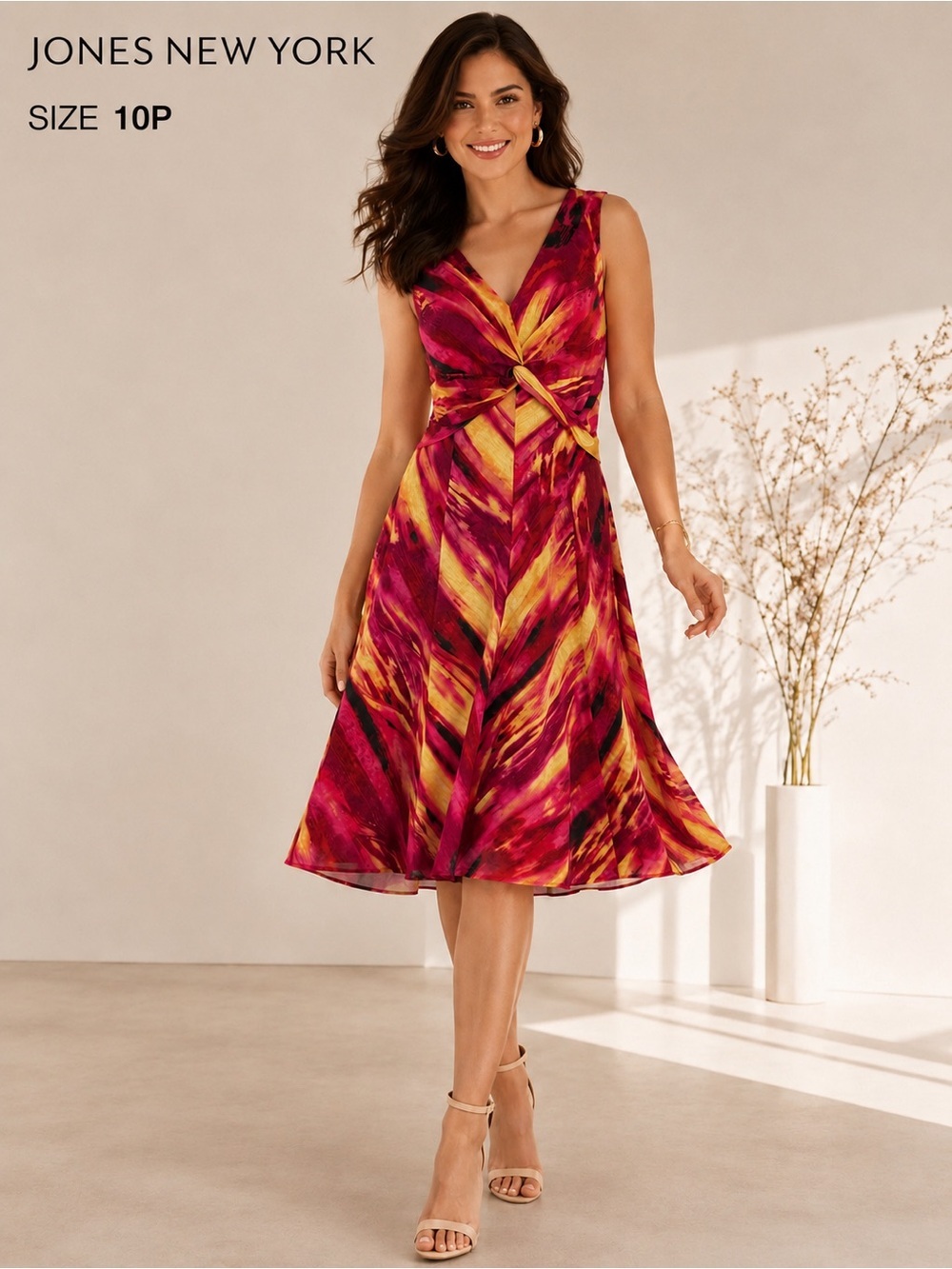 Jones New York Sleeveless Twist Front Midi Dress Pink Yellow Abstract Print/10P
